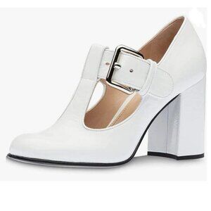 FOWT White Closed Square Toe T-Strap Pumps Chunky High Heels Office Date Shoes